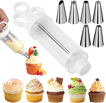 Suuker Cake Decorating Gun, Cupcake Icing Piping Kit, Cake Decorating Kit with 6 Stainless Steel Piping Tips, Cupcake Injector/Decorating Icing Set, White