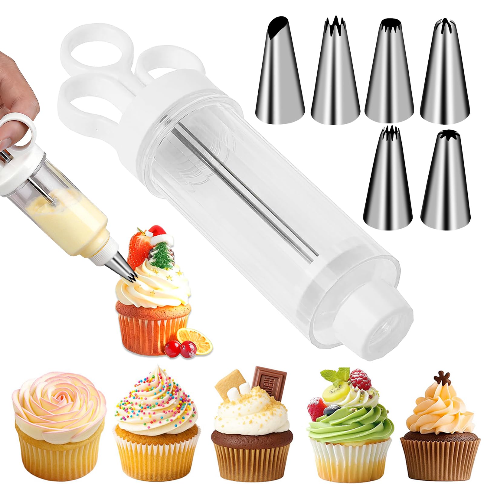 Suuker Cake Decorating Gun, Cupcake Icing Piping Kit, Cake Decorating Kit with 6 Stainless Steel Piping Tips, Cupcake Injector/Decorating Icing Set, White
