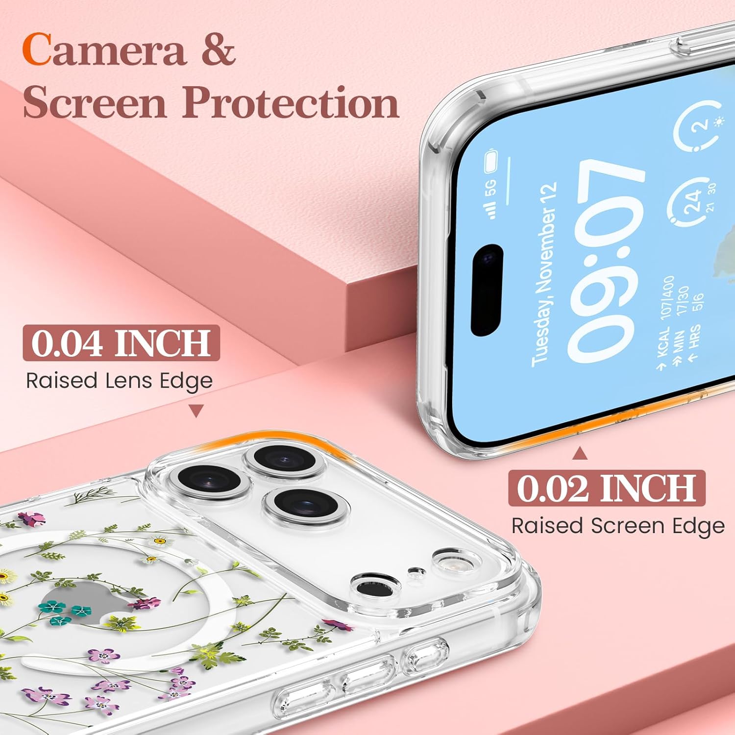 RALEAVO for iPhone 17 Pro Max Case Compatible with MagSafe Clear Floral Cover with Flower Branch Pattern for Girls Women Slim Cute Hard Back Shockproof Phone Case for iPhone 17 Pro Max,Transparent - Image 3