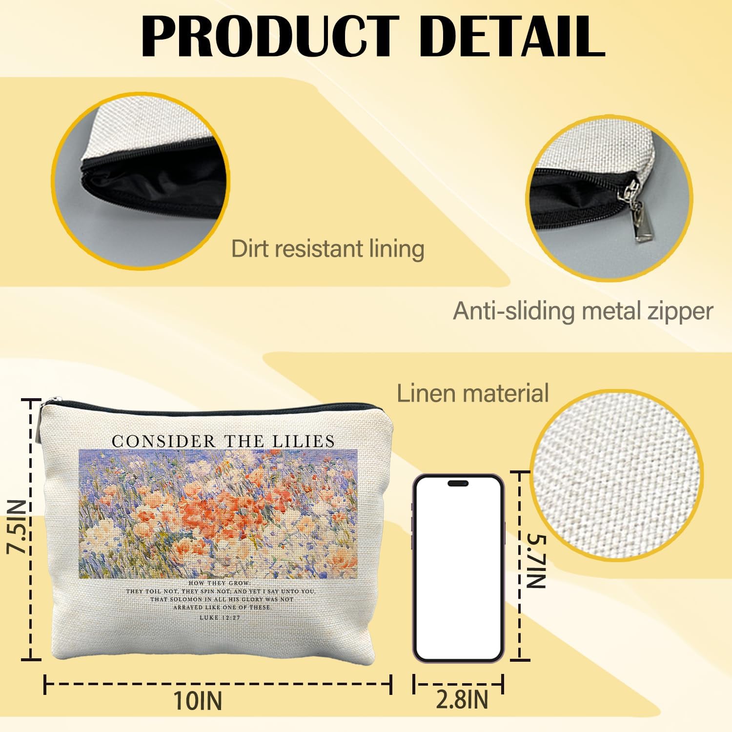 Consider the Lilies Christian Floral Linen Makeup Bag image 2