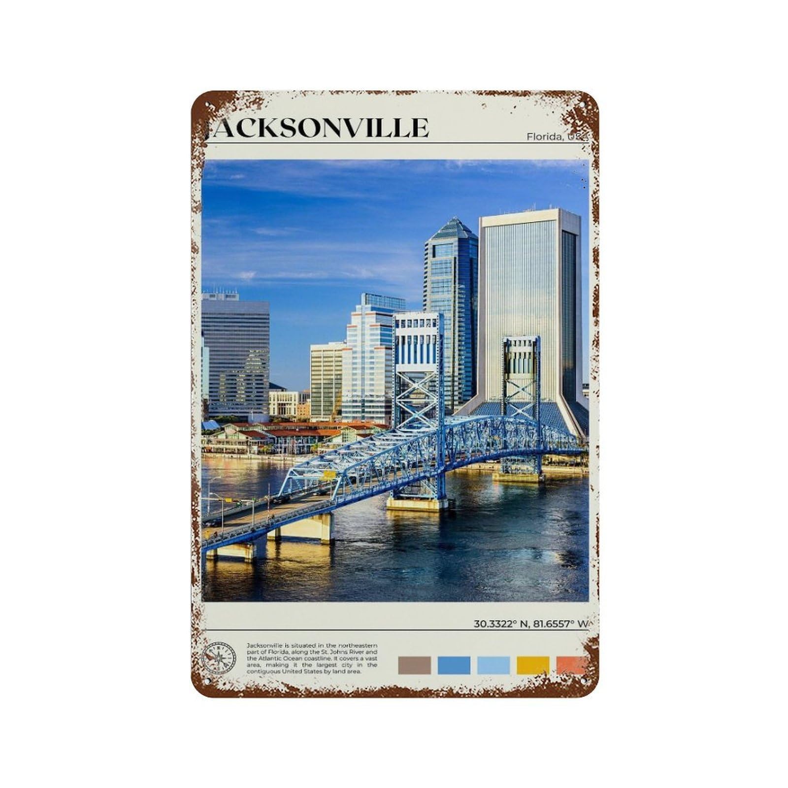 xiaoxiaoshen Real Photo Jacksonville Decor Florida Wall Decor Art Metal Tin Poster Modern Home Decor Art Home Bar Shop Decorations Vintage Sign 30x20cm