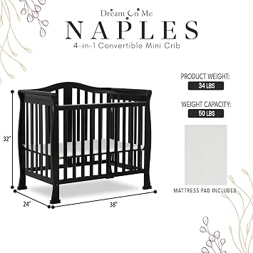Dream On Me Addison 4-in-1 Convertible Mini Baby Crib in Black, GreenGuard Gold & BSA, Non-Toxic, Pinewood, Converts to Mini Daybed & Twin Bed, 1 Mattress Pad, Best for Small Nursery