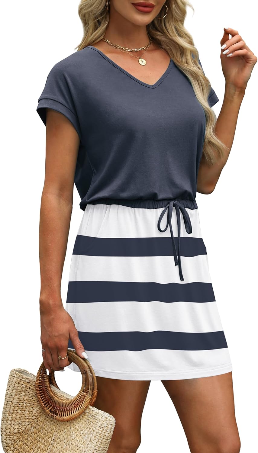 OFEEFAN Summer Dresses for Women 2026 V Neck T Shirt Casual Mini Dresses Tie Waist Sundresses with Pockets - Image 4