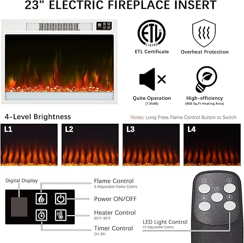 Miniatura 2 de Soporte de TV con chimenea eléctrica de 23 pulgadas, centro de entretenimiento con luz LED de 65 pulgadas con chimenea eléctrica blanca, estantes