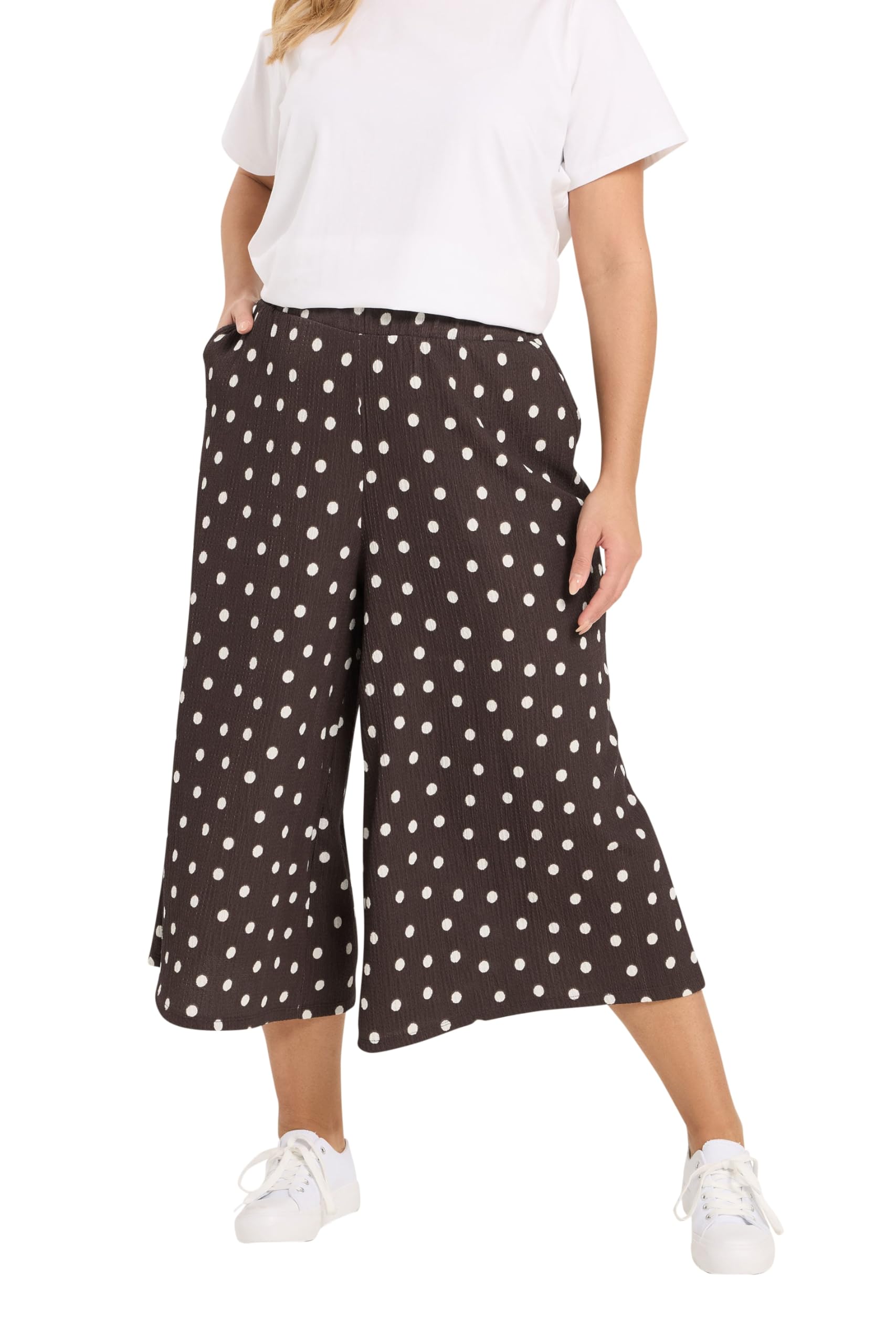 Yours Women's Chocolate Polka Dot Textured Culottes In Size 30-32