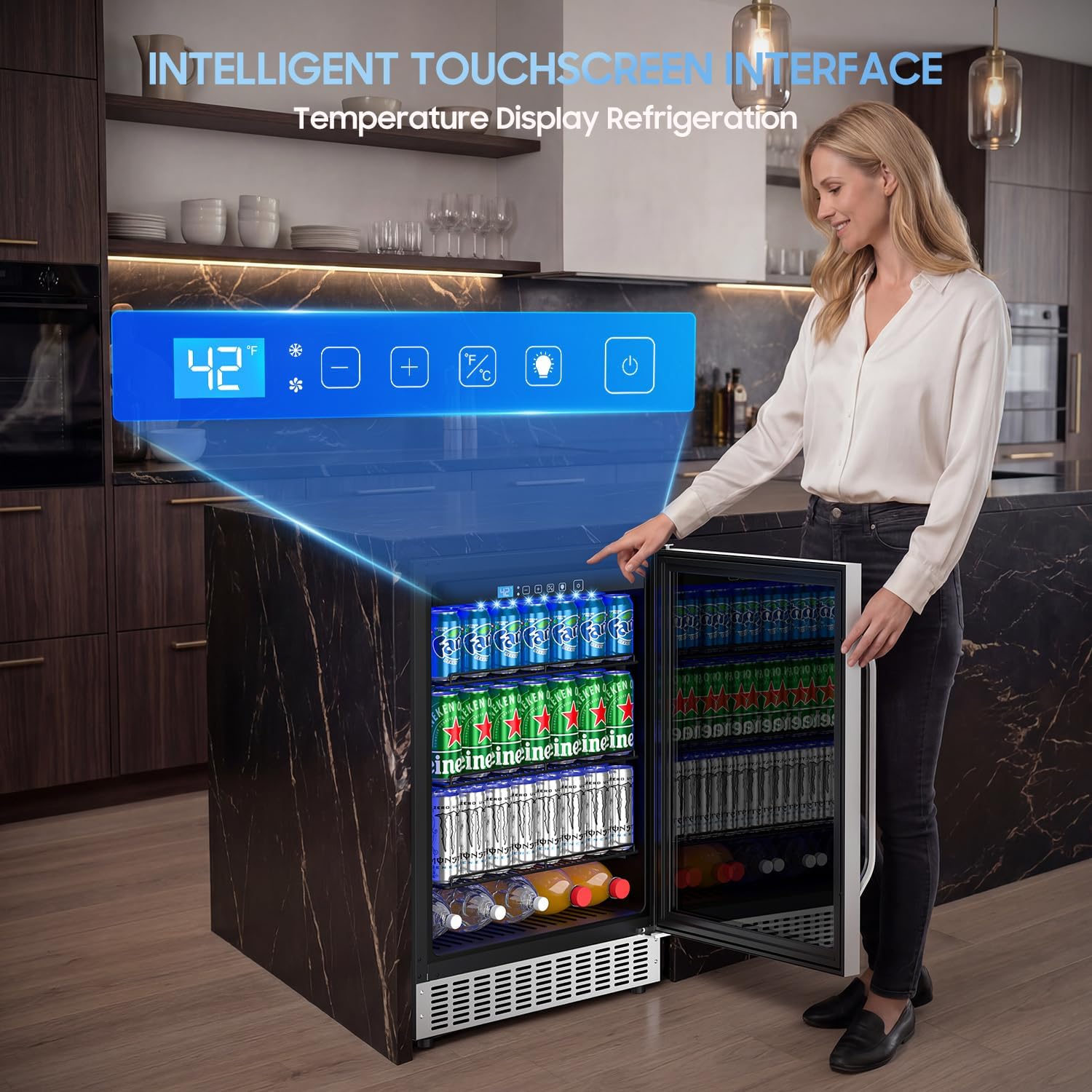 4.9 Cu.ft Beverage Refrigerator Cooler,Beverage Cooler 200 Can Built-in/Freestanding, Under Counter Beer Fridge with Glass Door Soda for Kitchen, Bar or Office
