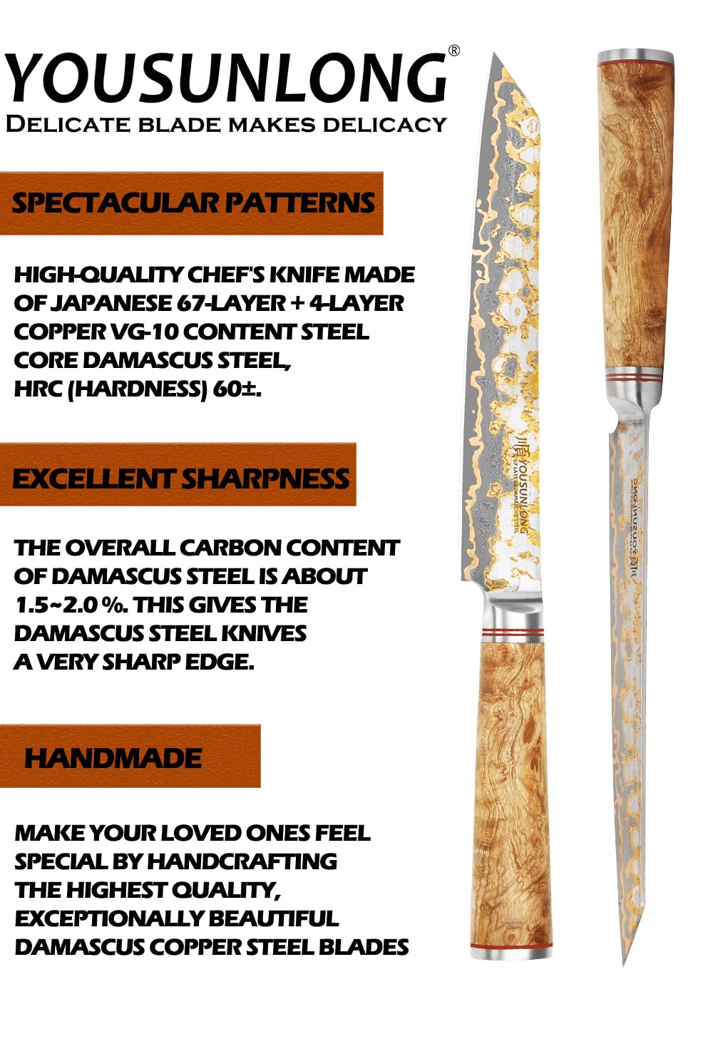 YOUSUNLONG Couteau à trancher Sujihiki - Couteau à Sashimi Sushi 205mm - Acier Damas Cuivre fait main - Couteaux à découper japonais Yanagiba - Manche en bois de ronce naturelle avec cuir