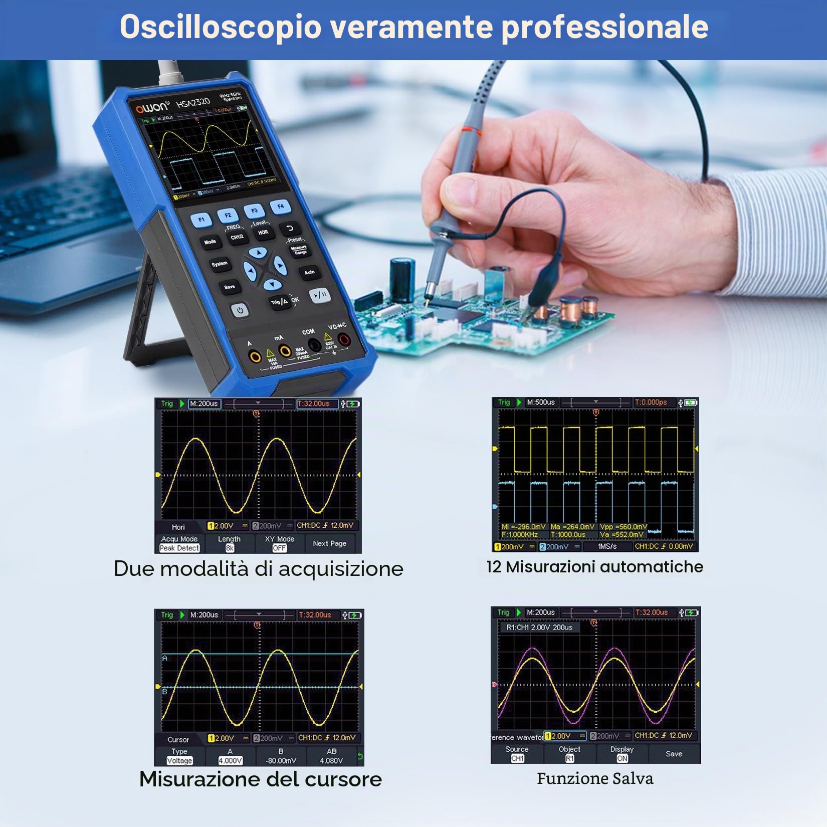 OWON HSA2320 Analizzatore di Spettro 3 in 1 da 9kHz a 3GHz, Oscilloscopio a 200MHz, Multimetro a 4 1/2 Cifre, Frequenza di Campionamento Massima di 1GSa/S, Analizzatore di Spettro Multifunzione