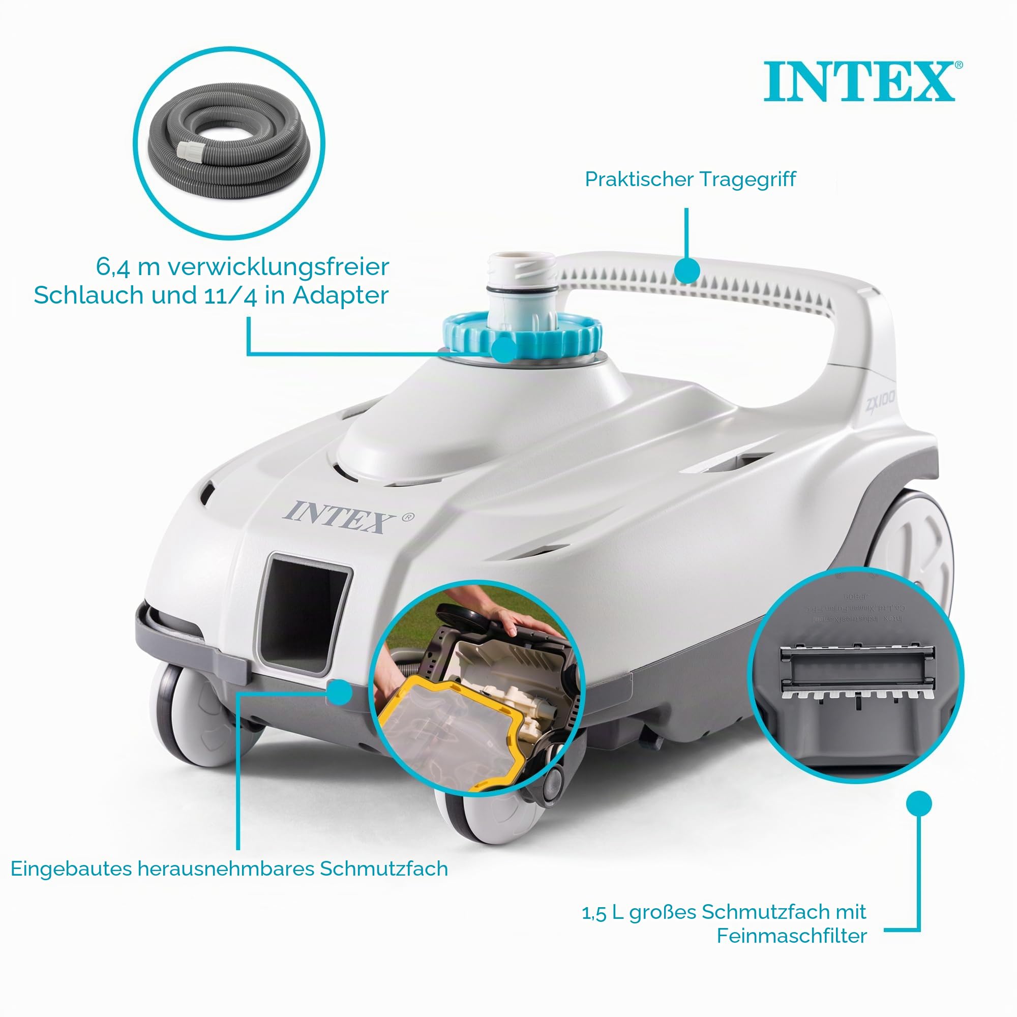 INTEX 28006E ZX100 Druckseite oberirdischer automatischer Poolreiniger: für größere Pools - reinigt den Poolboden - entfernt Schmutz - Abnehmbare Filterwanne - 6,4 m langer verwicklungsfreier Schlauch