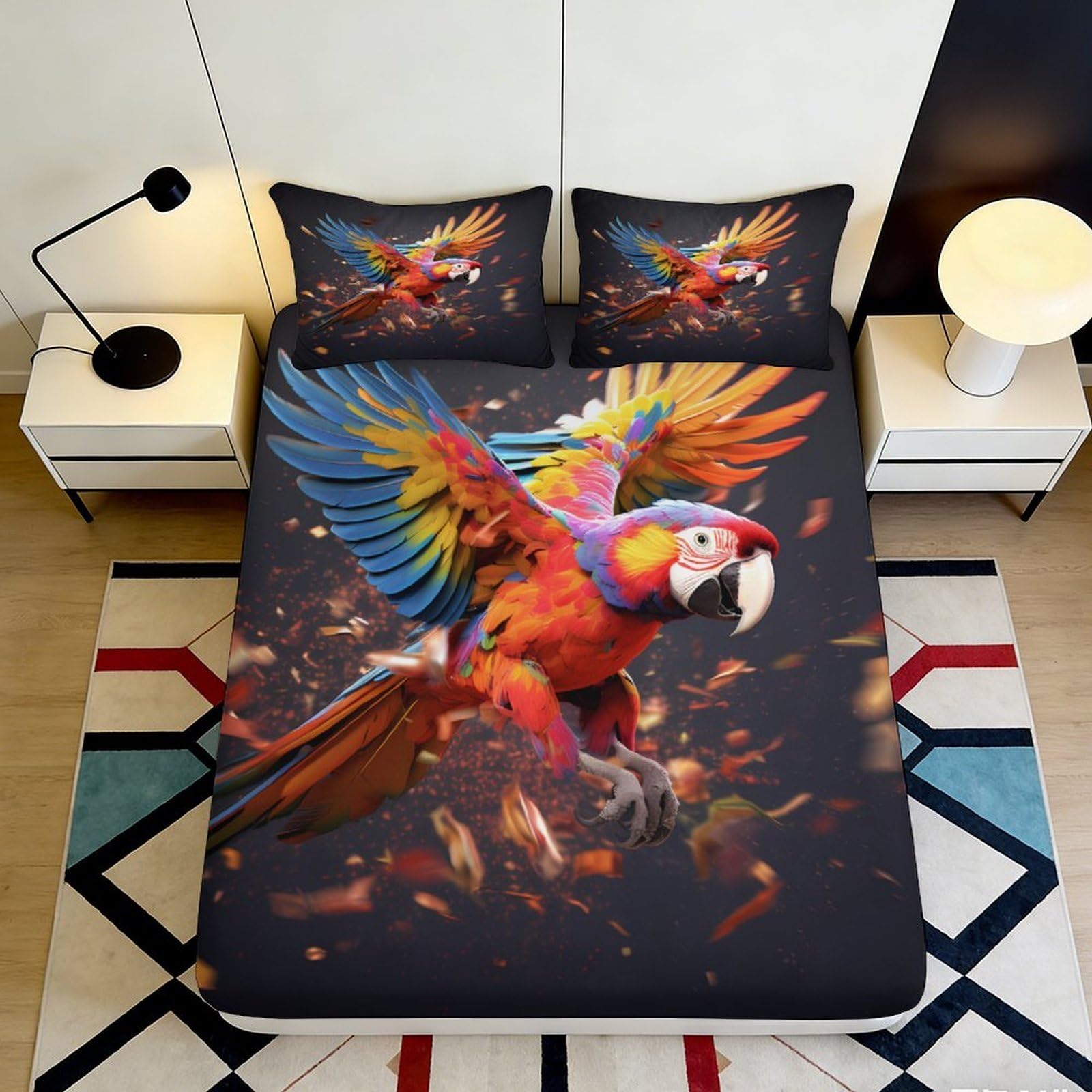 3D Printed Vibrant Parrot Fitted Sheet Microfiber Soft Breathable Tropical Bird Bed Cover for Bedroom Dorm Decor 90x200x25cm