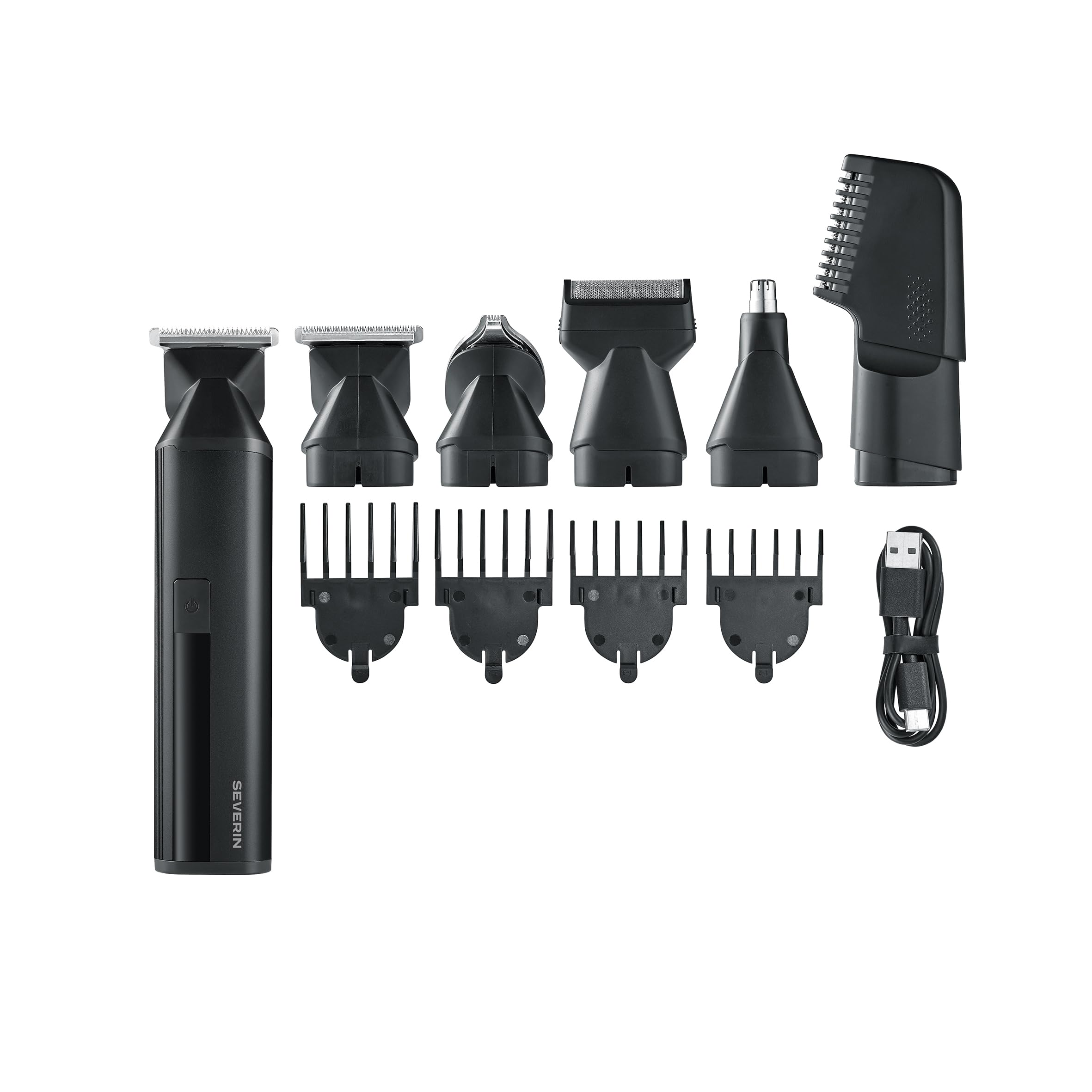 Severin Set multifunción de cuidado personal para hombre 6 en 1, cortapelo, recortadora de barba, vello nasal y corporal, impermeable, inalámbrico, 90 min, longitud de corte variable, negro, HS 0710