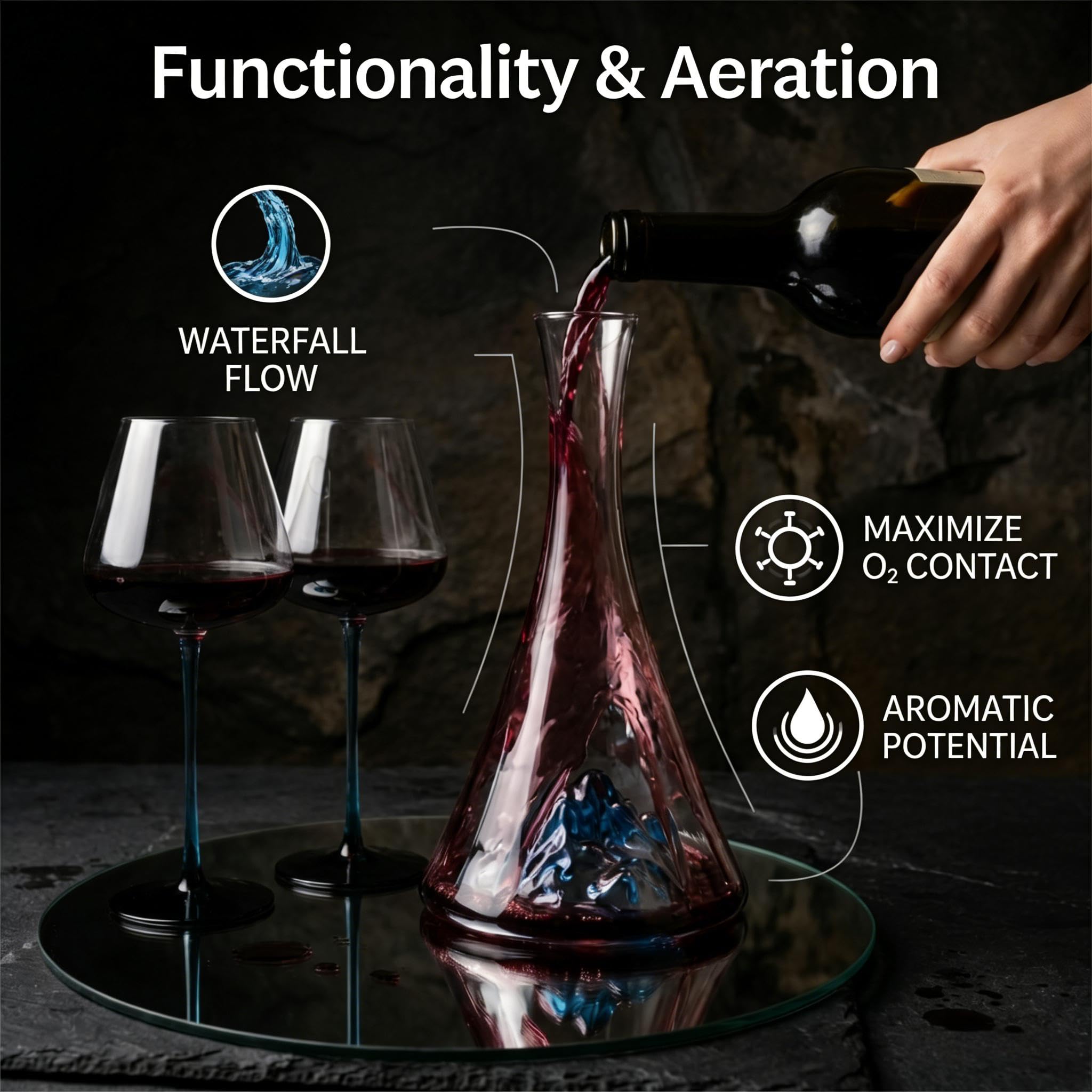 1150ml Carafe à Vin avec 2 Verres à Pied Bleu et Bouchon, Décanteur à Vin Rouge en Cristal Sans Plomb avec Montagne 3D, Coffret Cadeau Luxe pour Anniversaire et Mariage