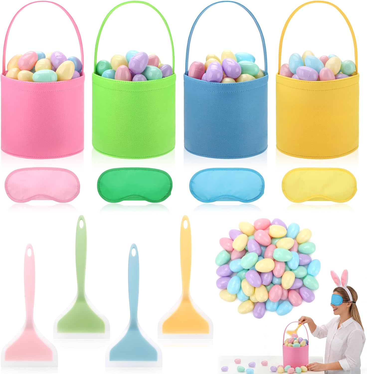 4 Set Easter Outdoor Party Games Easter Eggs Scoop Challenge Bucket for Family with 4 Bucket 4 Scoop 4 Eye Mask and 50 Easter Egg Bucket Blind Egg Challenge for Holiday Party