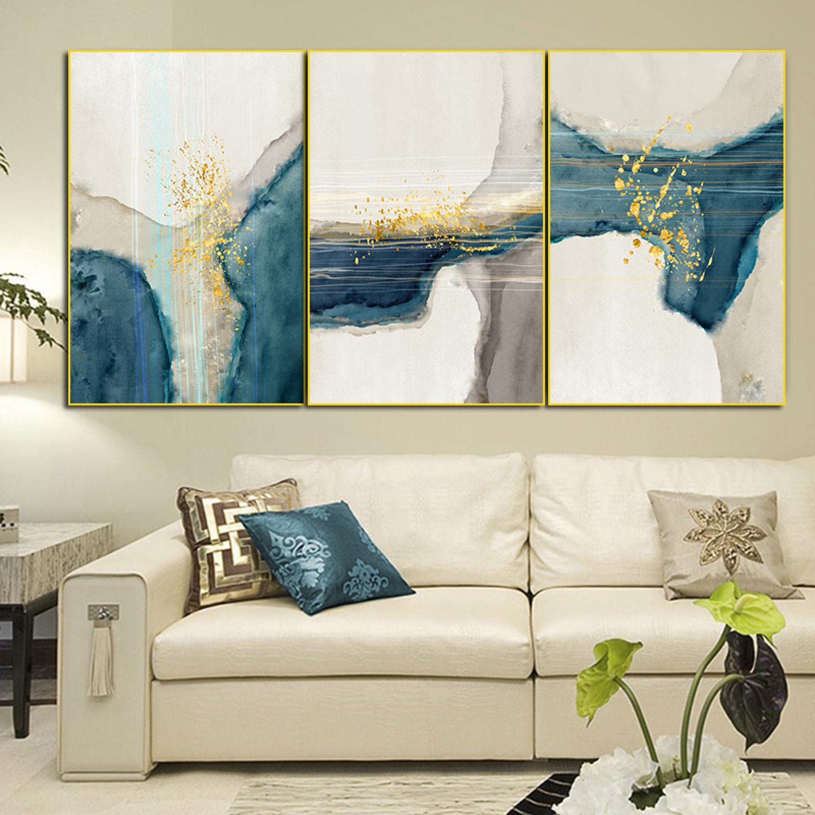 Peinture murale de luxe bleu mer dorure abstraite chic 3x - 8