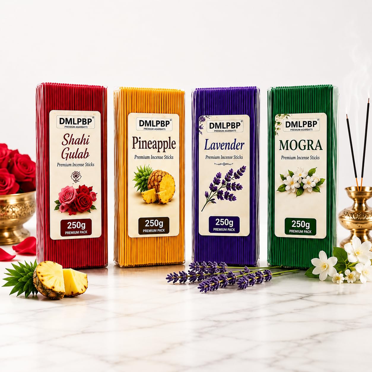 Premium Agarbatti Combo Pack 1Kg (4x250g) | Lavender, Mogra, Rose & Pineapple Incense Sticks | Long Lasting Charcoal Free Agarbatti for Puja & Home Fragrance-image-27