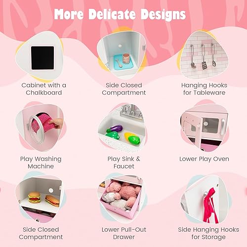 Miniatura 14 de HONEY JOY Juego de cocina esquinera para niños, cocina de madera para niños pequeños, microondas, refrigerador, dispensador de agua, campana