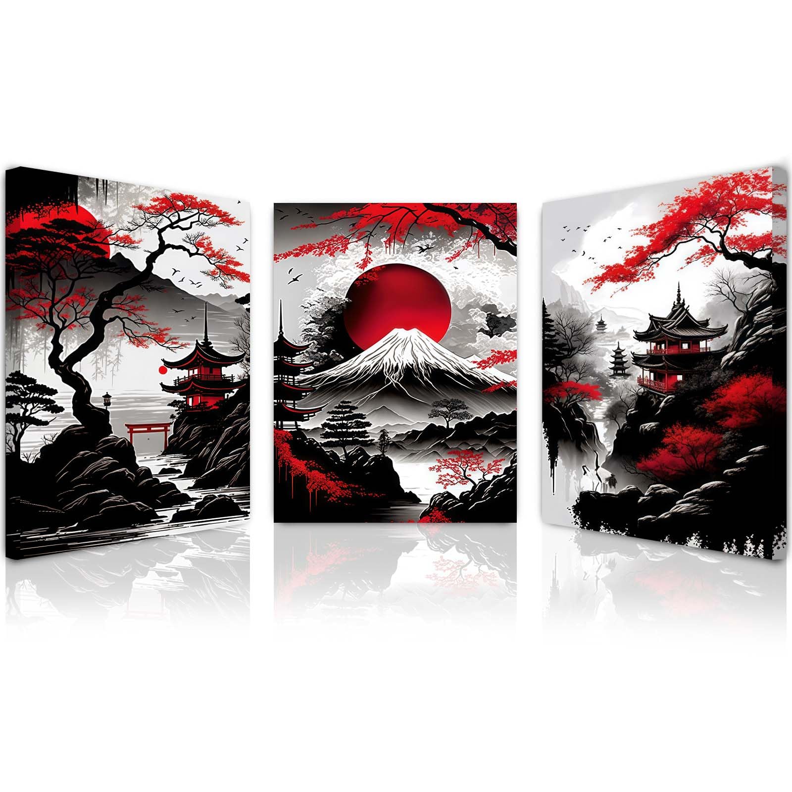 Qiukoo Set of 3 Framed Canvas Wall Art – Japan Poster Style Artwork with Hooks, Waterproof Wall Decoration for Living Room, Modern Prints for Walls, Bedroom Pictures – 16 x 20 inch