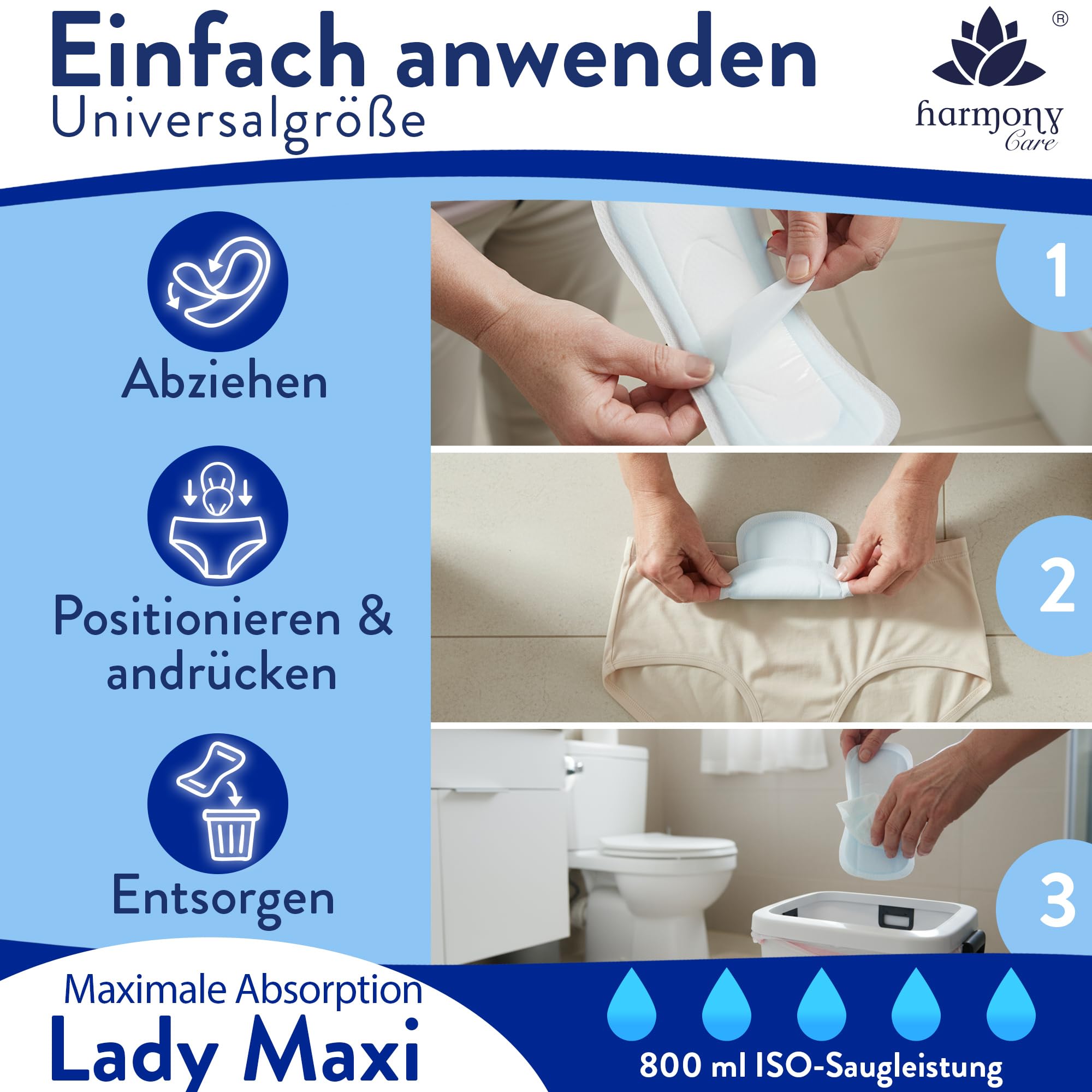Harmony Care® Lady MAXI Inkontinenzeinlagen für Damen extra stark – saugstarke Inkontinenz Einlagen bei mittlere bis starker Blasenschwäche - auslaufsichere Hygieneeinlagen für die Nacht, 28 Stück