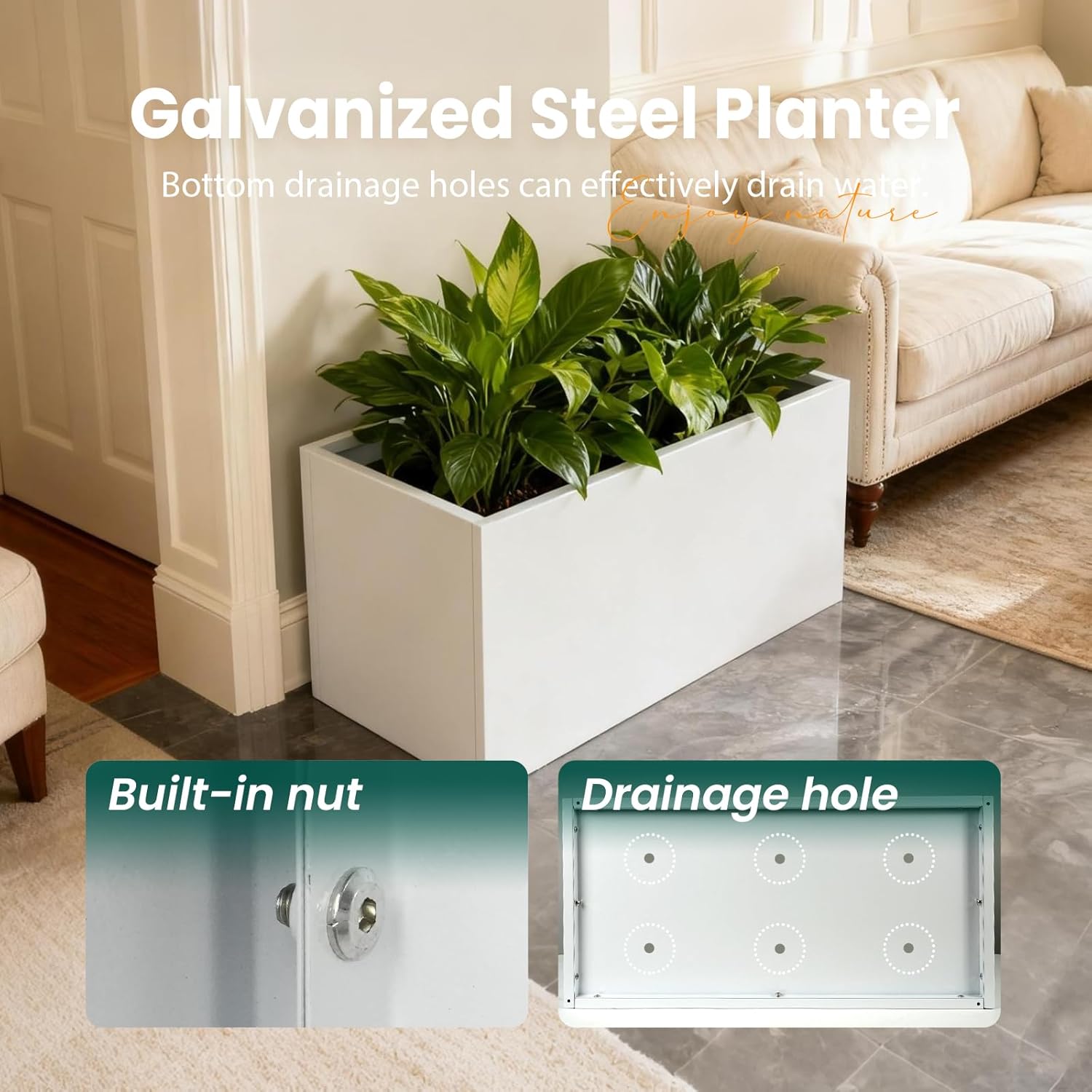White Steel Planter Rectangular 32" L x 16" W x 16" H Rectangle Outdoor Indoor Planter Box Galvanized Steel Metal Large Planters Modern Commercial Residential for Trees Patio Yard Garden