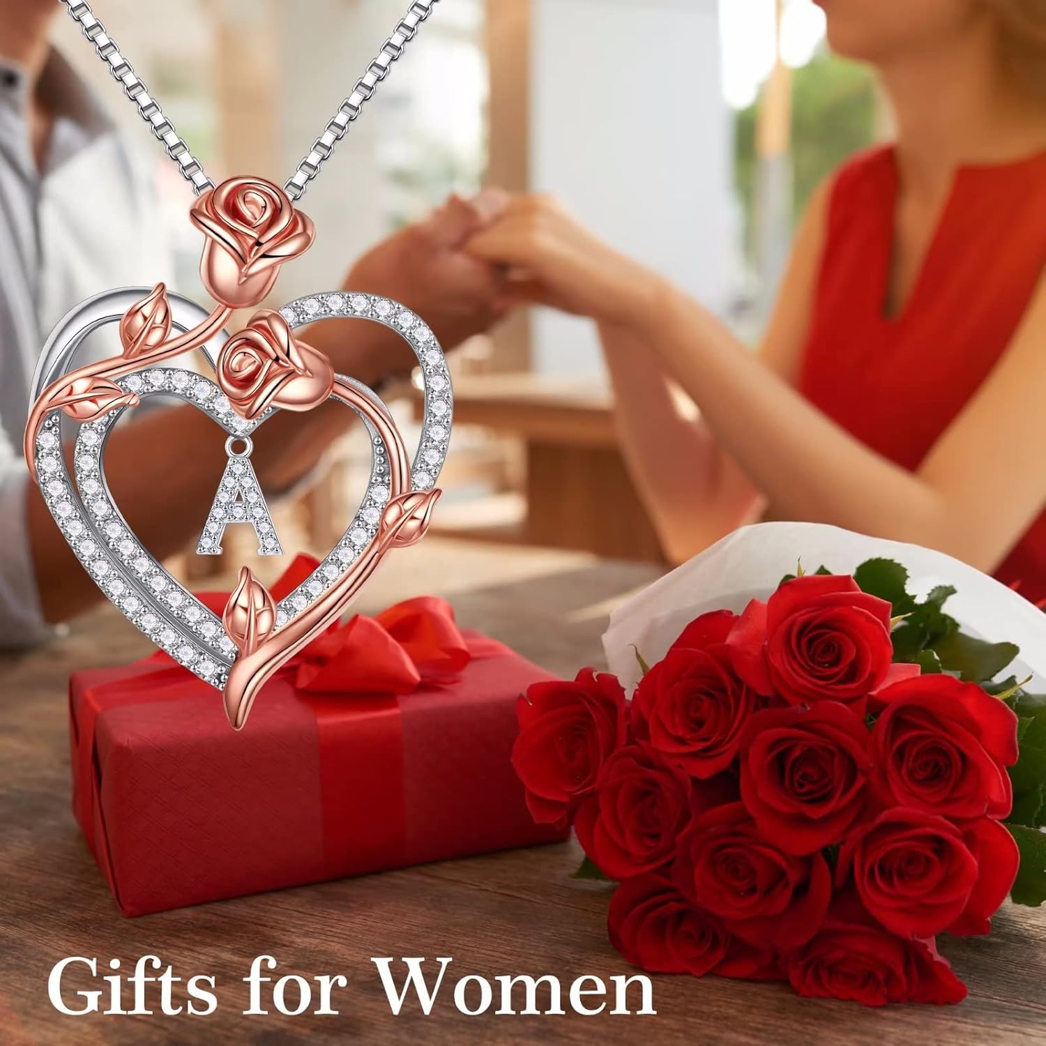 Iefil Rose Heart Necklaces Gifts for Women, 925 Sterling Silver Rose Heart Initial Letter Necklace for Her Mom Wife Girlfriend - Image 2
