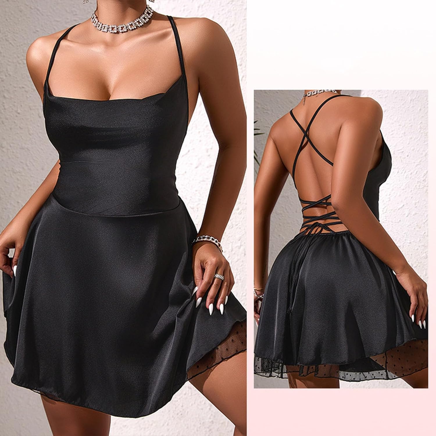 Sexy Womens Low Cut Camisole Nightgown Spaghetti Strap Crossover Dress Lace Trim Babydoll Chemise Lingerie Nightie