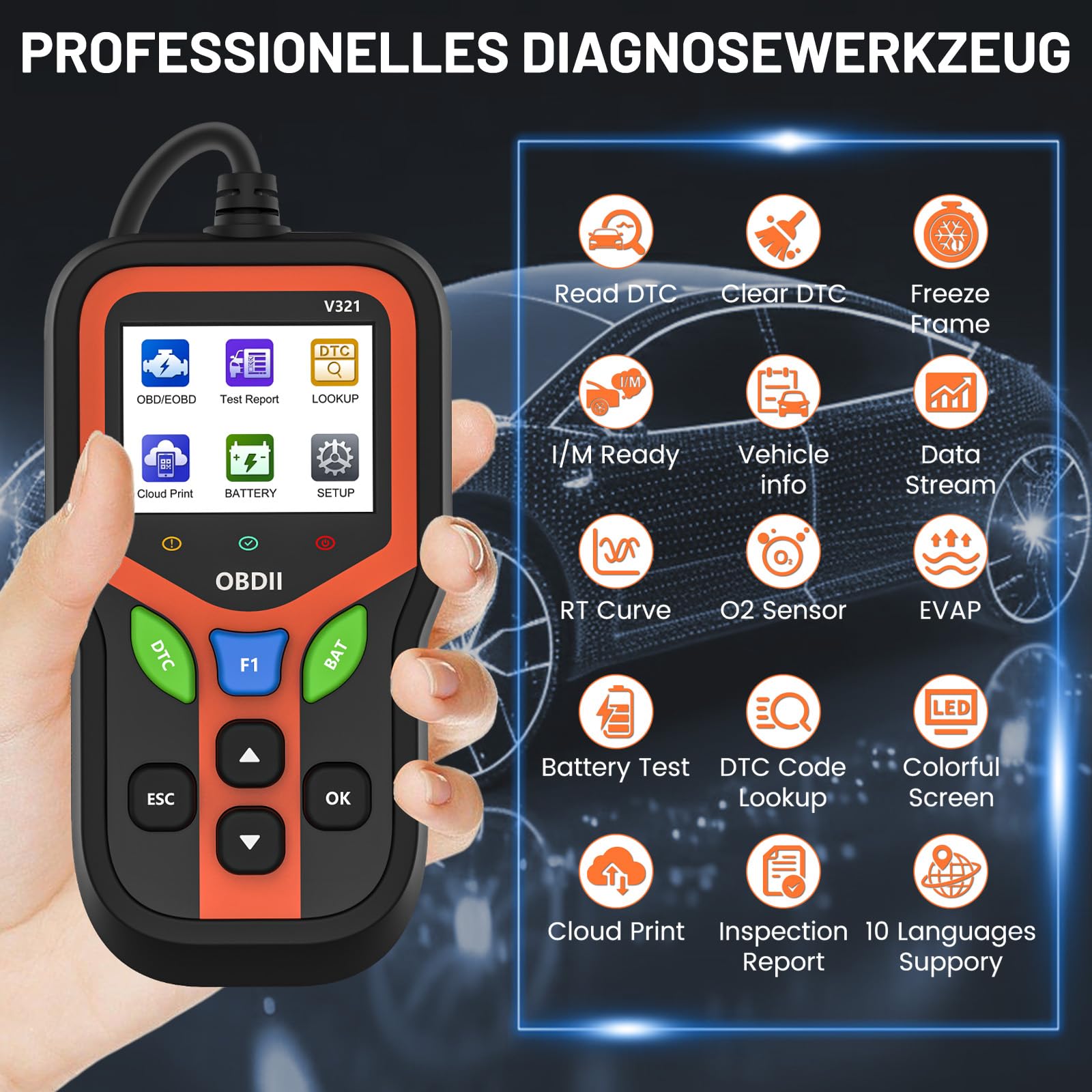 OBD2 Diagnosegerät Auto, OBD Fehlerauslesegerät mit Vollständigen OBDII Funktionen – Codeleser für Motorfehler, Spannung & I/M – KFZ Auslesegerät Deutsch für BMW VW Mercedes Audi Alle OBDII Fahrzeugen