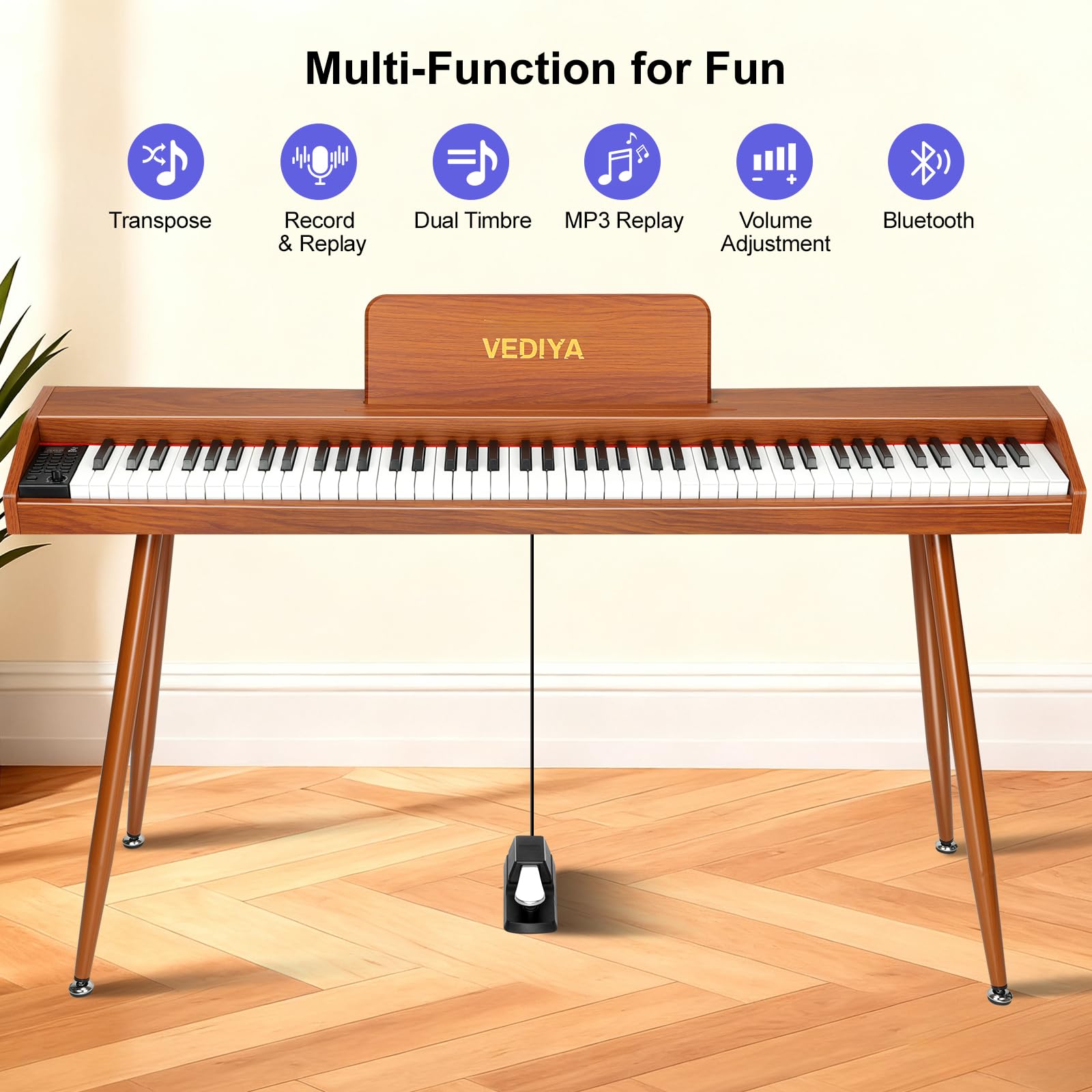 Digital Piano Keyboard 88 key,Semi-Weighted Electric Piano,Full Size Acoustic Piano for Beginners with Pedal, USB-MIDI Compatibility (Brown)