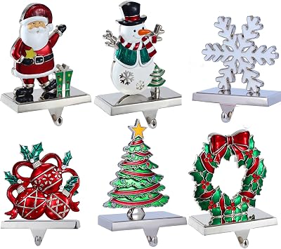 XIUSHE Stocking Holder Set of 6-Christmas Tree Stocking Hanger for Mantel-Metal Weighted Christmas Stocking Holder for Fireplace Mantle-Tropical Farmhouse Stocking Holder for Mantle with Hook
