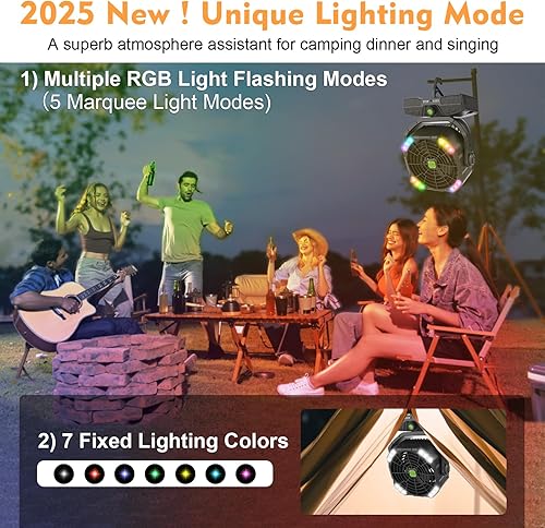 Vista 6 de RUNTOP Ventilador de campamento de 20000 mAh, ventilador oscilante recargable de alta velocidad con luz RGB, control remoto, gancho para colgar