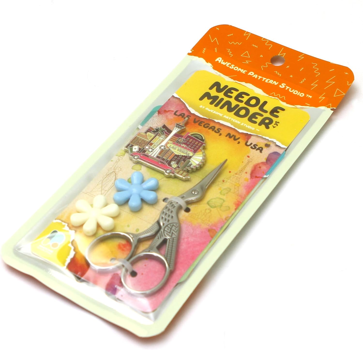 Awesome Pattern Studio Needle Minder Set - Las Vegas Magnetic Needle Minder + 2 Needle Threaders + Crane Scissors. Enamel Pin for Cross Stitch, Embroidery and Craft