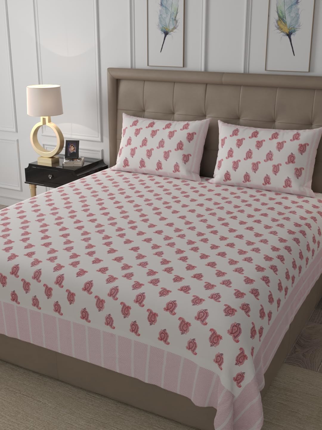 CURBS Pure Cotton Floral Hand Printed Super King Bedsheet, 108 x 108 Inches, TC 340 | Flat Sheets for Bedroom, Living Room (WM_419_RSP)