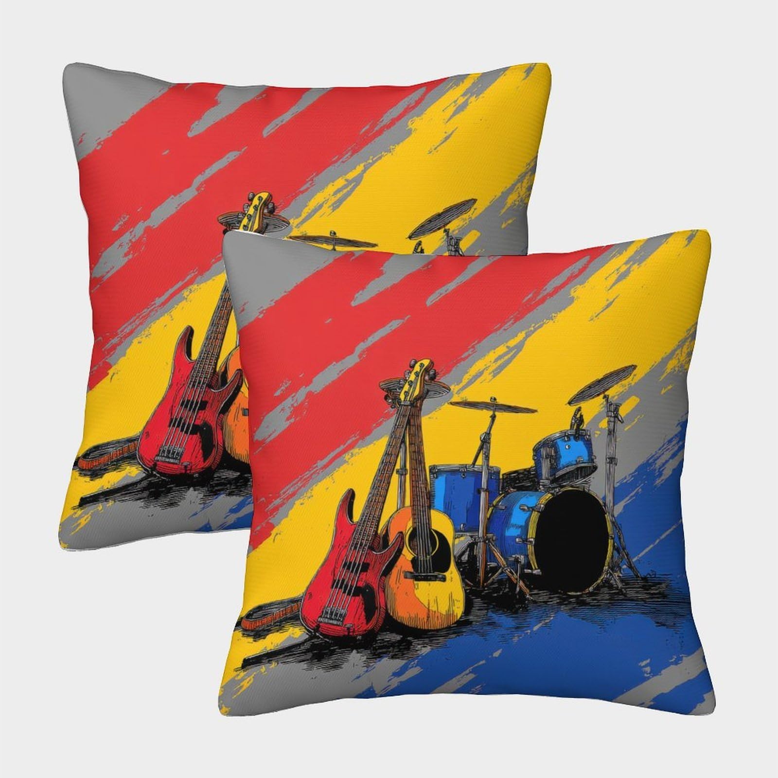 QFVANSIYO Vibrant Music 3D Printed Guitar Drum Pillowcase Microfiber Bedroom Decor Music Pillow Cover Breathable for All Ages 50x50cm