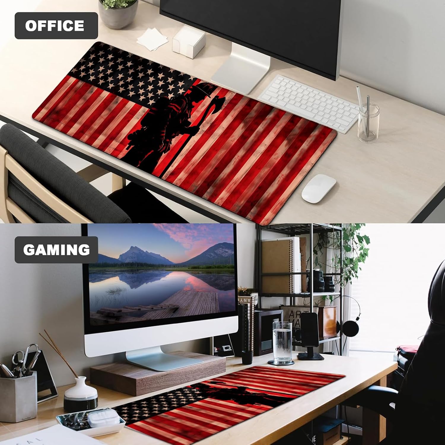 Patriotic Firefighter Gaming Mouse Pad,12x31.5in Non-Slip Rubber American Flag Desk Mat,Large Extended Heroic Mousepad for Office Home Laptop,Mice Pads Gifts,Game Lover Deskmat Decor