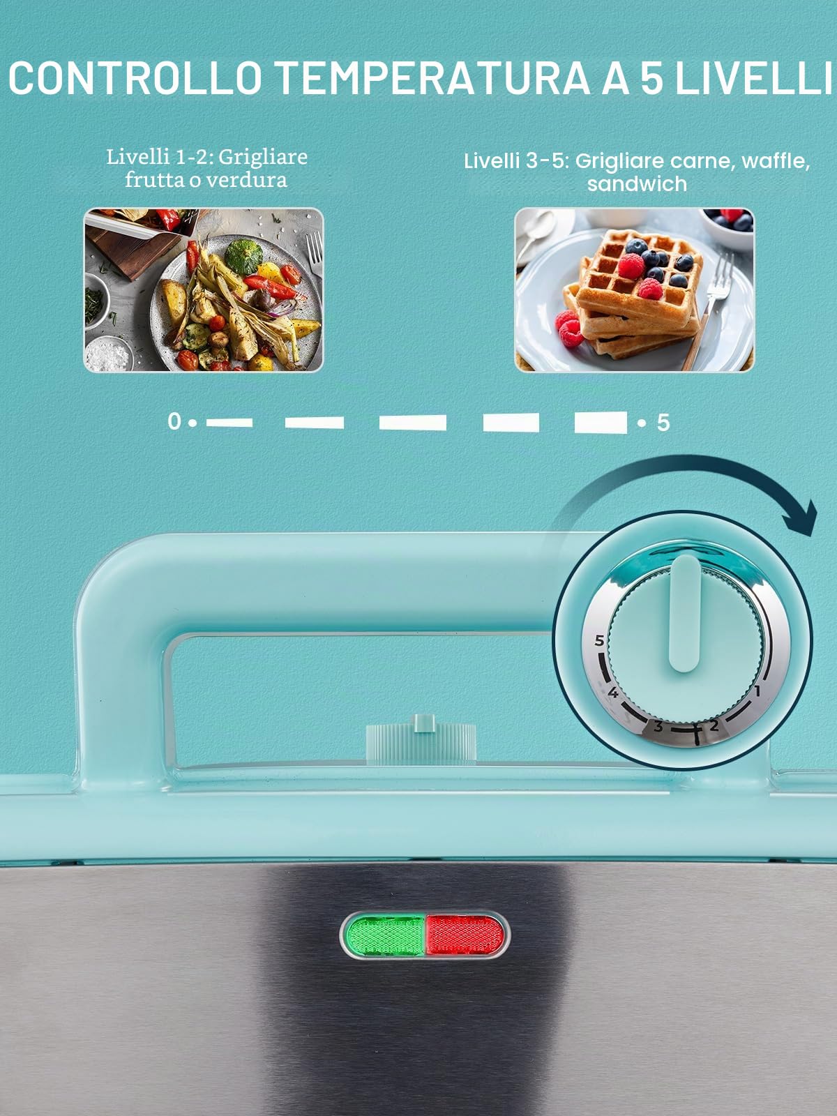 Piastra Waffles Maker 3 in 1, 1200W Tostapane Piastra Panini, Tostiera Elettrica, ad Alta Potenza, Controllo della Temperatura a 5 Marce, Deposito Cavi, Rivestimento Antiaderente (Blu)