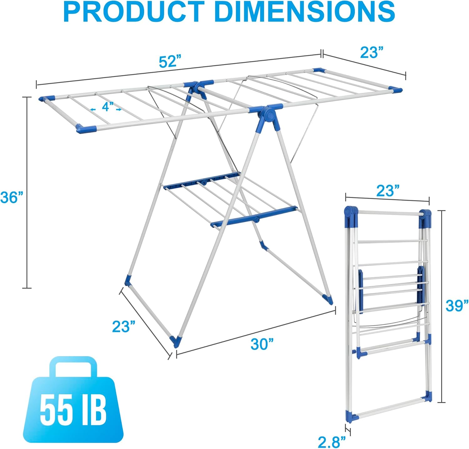 Drying Rack Clothing, Clothes Drying Rack Foldable, Includes 24 Clothespins, Space-Saving Free-Standing, 2 Height-Adjustable Gullwings, Indoor Outdoor Use