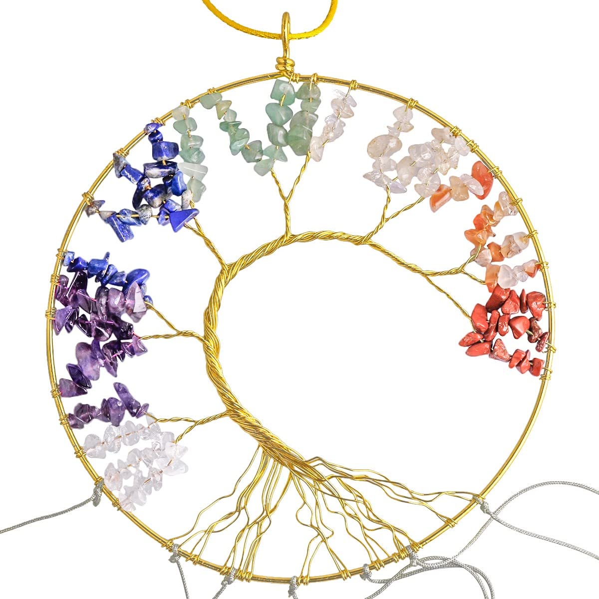 KYEYGWO 7 Chakra Stein Baum des Lebens Hängen Deko, Heilung Kristall Wand Hängende Ornament Achat Scheiben Traumfänger Handgemacht Hängedeko Edelstein Fenster Dekoration, Bunt