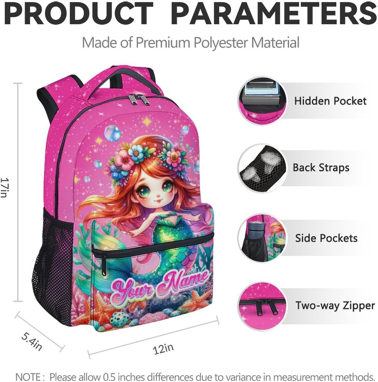 Custom Mermaid Backpack for Girls 6-8 - 17 Inch Large Capacity Backpacks for School - Portable Bookbag for Kindergarten