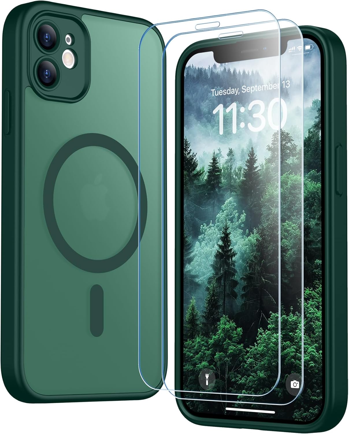 SPIDERCASE for iPhone 11 Case, Magnetic Translucent Matte Case with 2PCS Tempered Glass Screen Protector Slim Phone Case for iPhone 11 6.1'', Forest Green