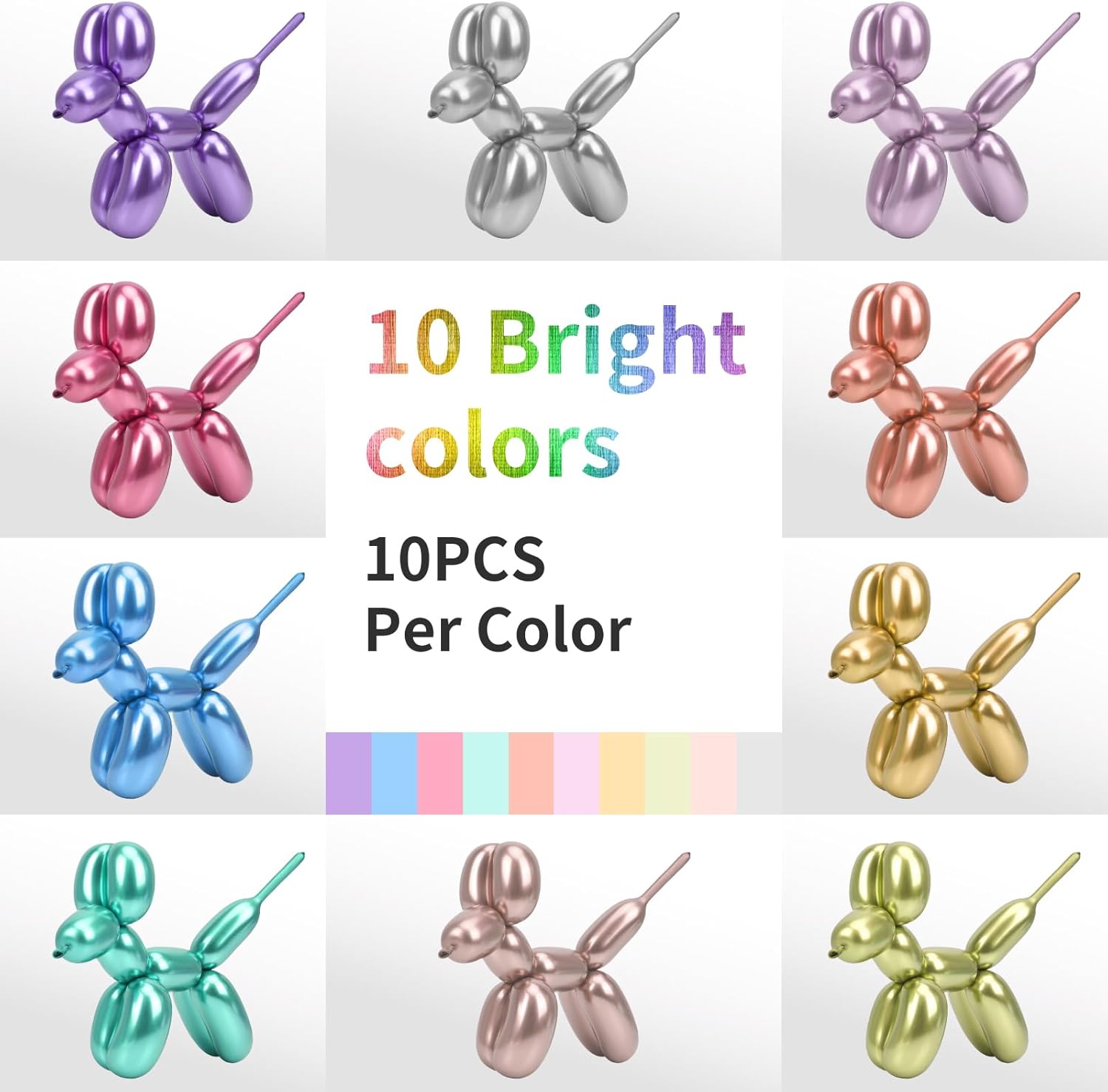Rubfac 100pcs Metallic 260 Balloons, Latex & Metal, 10 Colors, Animal Shapes, Party Decorations