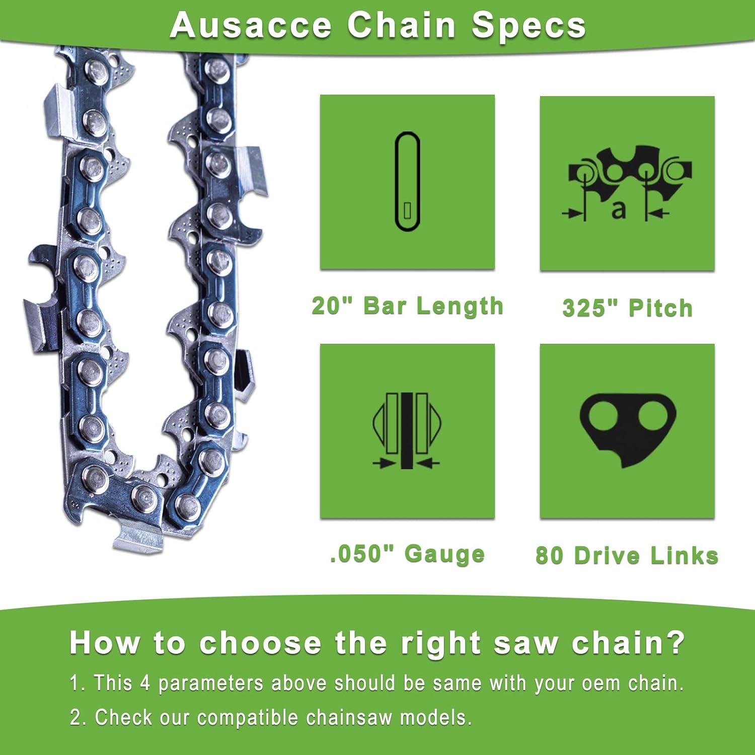 20-Inch Chainsaw Chain, .325" Pitch, .050" Gauge, 80 Drive Links – Compatible with Husqvarna 450 Rancher, 545 Rancher, 550 XP, Craftsman, Jonsered，3-Pack