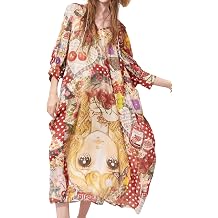 Womens Vintage Patchwork Maxi Dress, Art Print V-Neck Long Sleeve Bohemian Loose Dress, Cherry Floral Graphic
