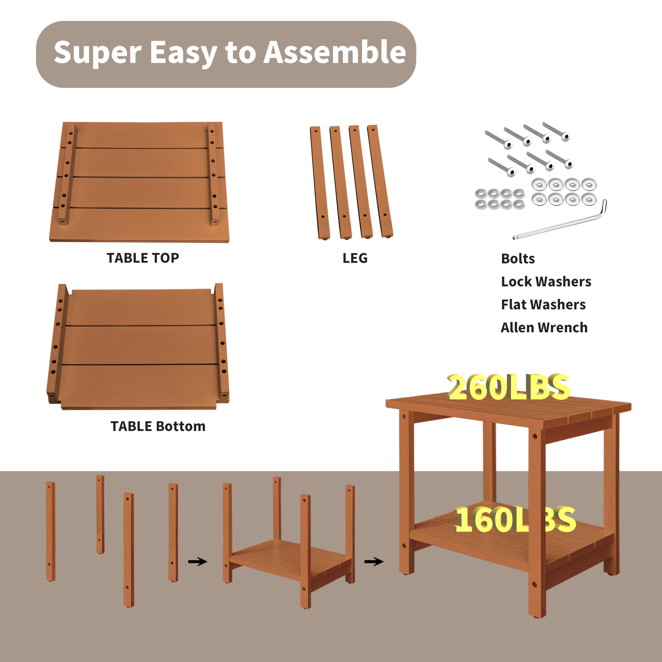 RKVPCNE Outdoor Side Table Patio Side Tables for Outside, Small Patio Table Square End Table for Patio Backyard, Pool, Indoor Companion Wood Weather Resistant,Brown