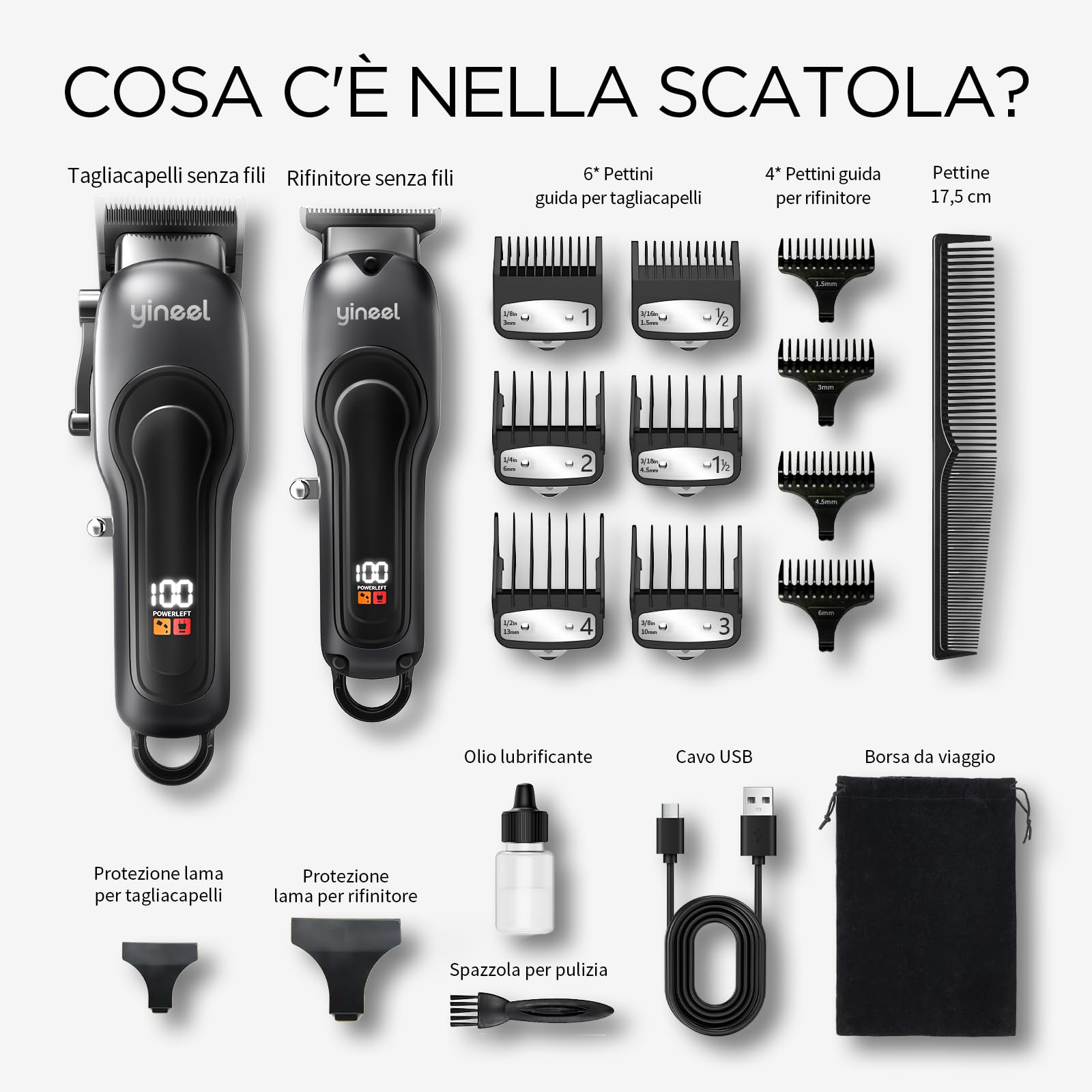 Yineel Tagliacapelli Professionale Uomo, Macchinetta per capelli e Barba Senza Fili con Display LED, Tagliacapelli elettrico con Lama in Ceramica, 300 Min Autonomia, Ricarica USB-C