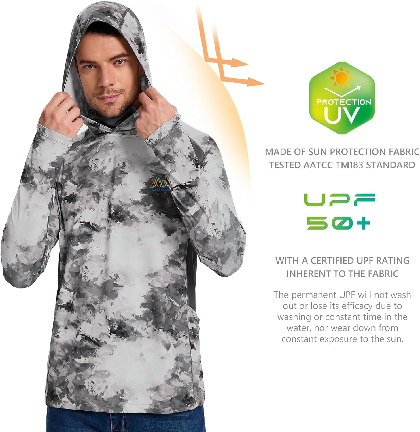 Men’s UPF 50+ Hoodie Shirt with Mask Long Sleeve Permanent UV Sun Protection Neck Gaiter Performance T for Outdoor