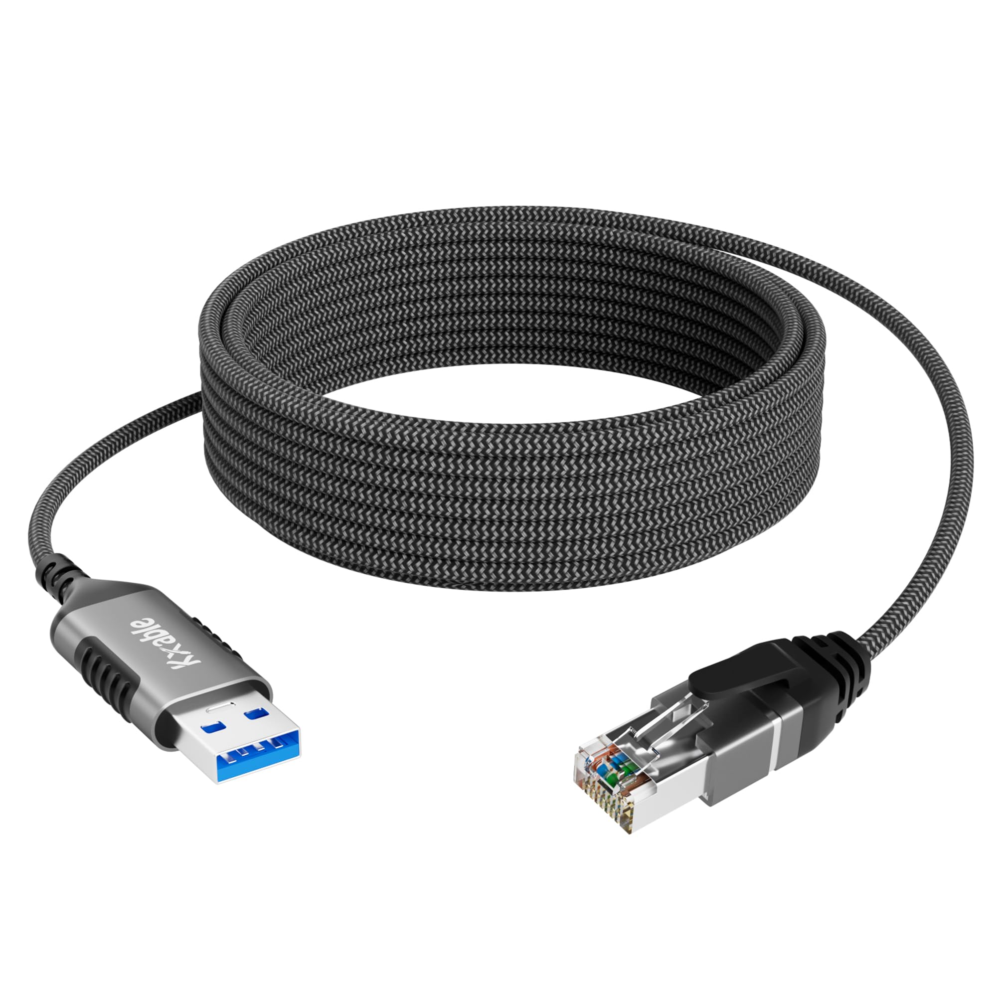 Kxable Slim USB to Ethernet Cable 10 FT, USB 3.0 A to RJ45 Thin Cord, Directly Connected, Aluminum, Braided, OFC, USB to RJ45 Gigabit LAN Network Cable for Laptop, PC, Switch and More, OD: 3.6mm