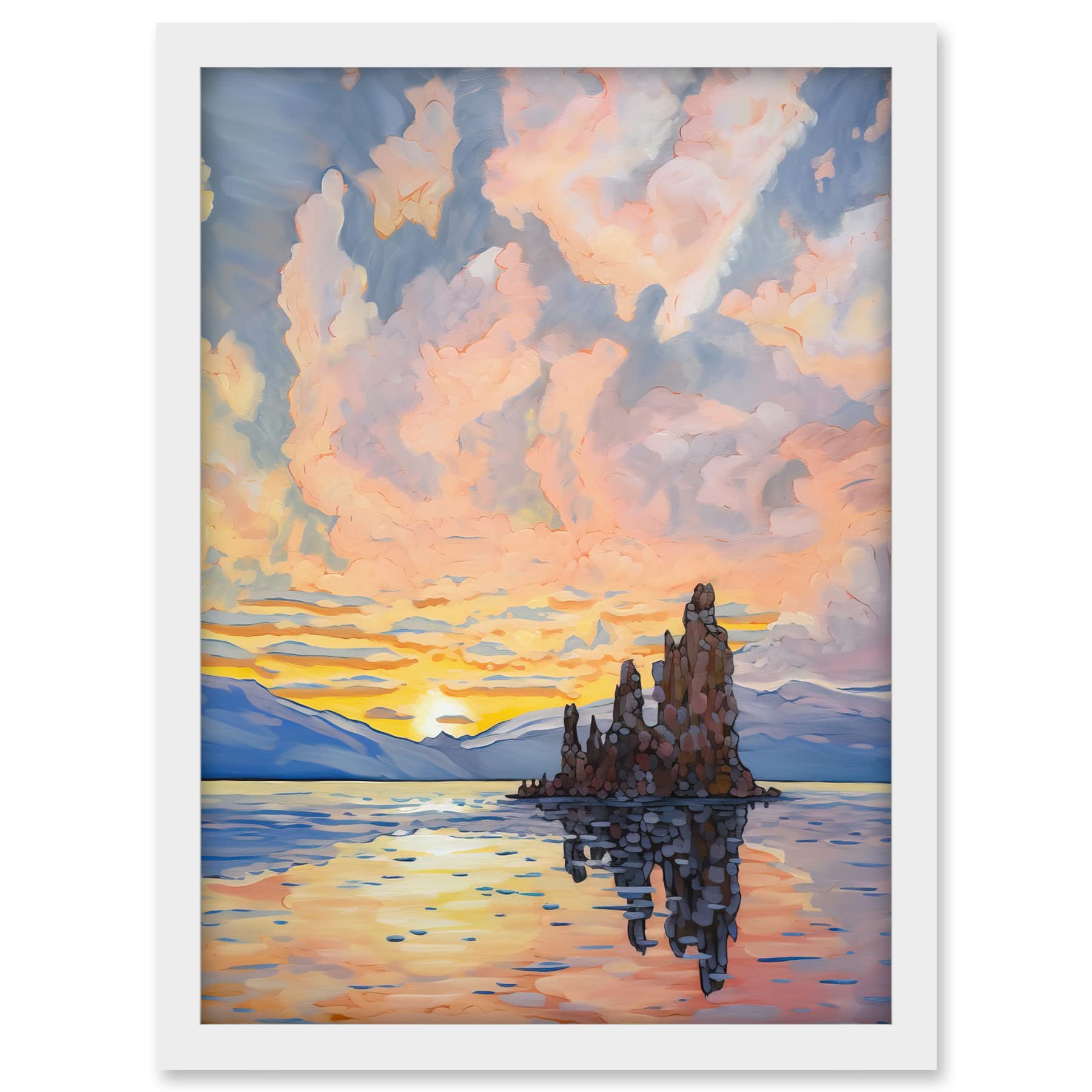 Artery8 Sunrise Atmospheric Clouds Over Mono Lake Mountain Lakeside Landscape Modern Watercolour Painting Artwork Framed A3 Wall Art Print
