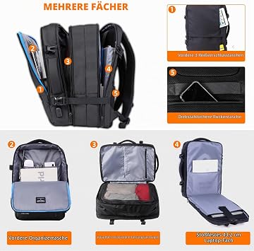 KINGSLONG Hand Luggage Travel Backpack 35L Laptop Men's Backpack 17 Inch Business Backpack Waterproof Expandable Theft Proof with USB Charging Port Flight Approved Cabin Backpack Travel Black