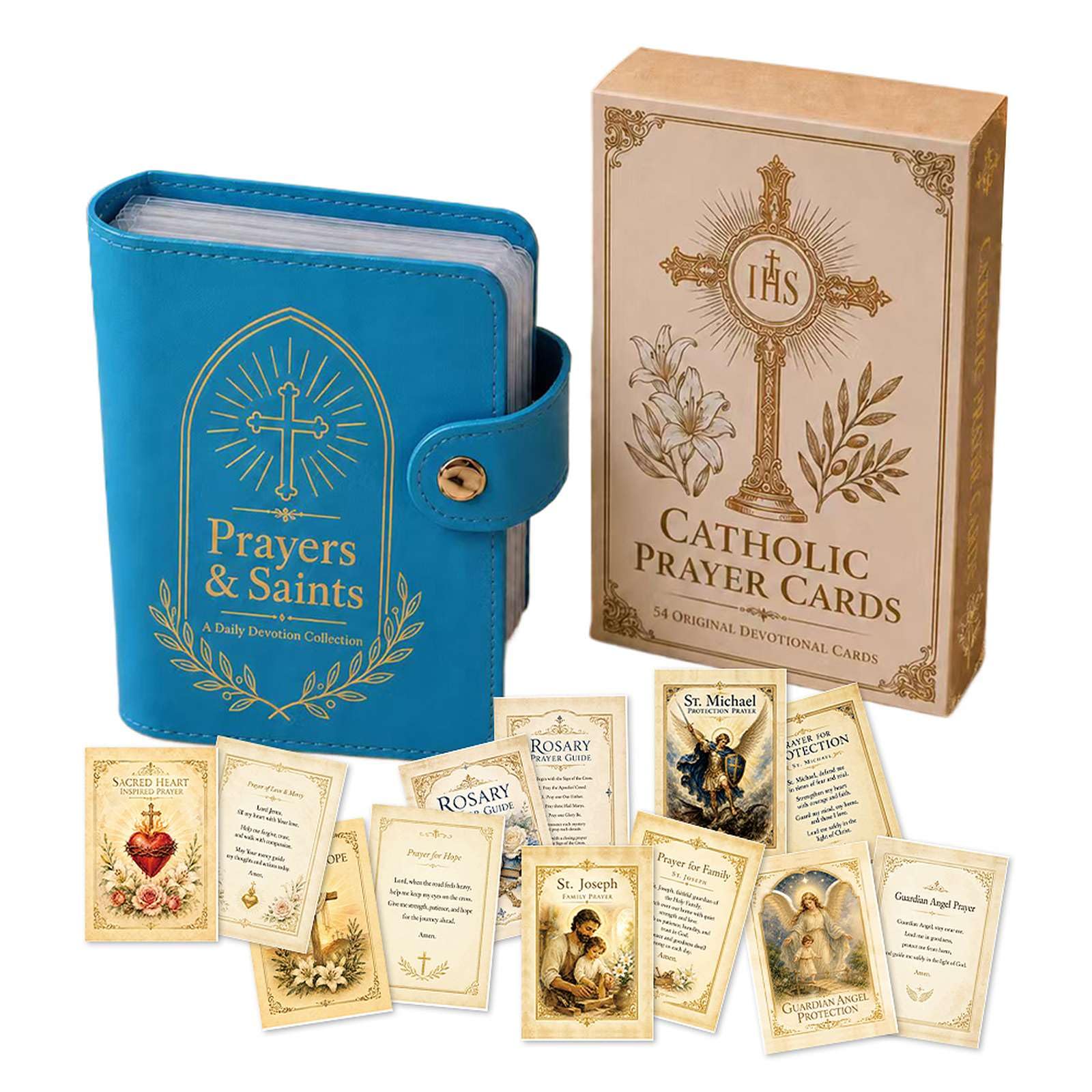 Catholic Prayer Holy Card Holder with 54 Cards, PU Leather Pocket Holder, Pocket Prayer Card Organizer with Snap Button Closure, Religious Gifts for Catholic Memorial & Daily Use