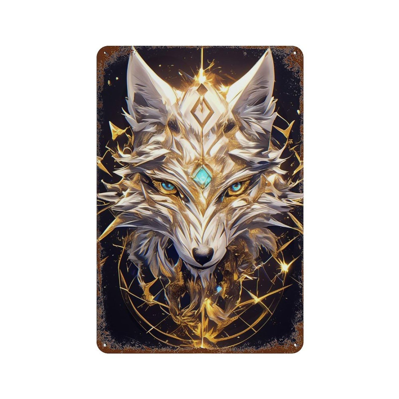 Rust Effect Golden Wolf with Turquoise Gem Rusty Metal Tin Sign 11.8"x7.9", Industrial Home Decor for Living Room, Hallway And Home Decor