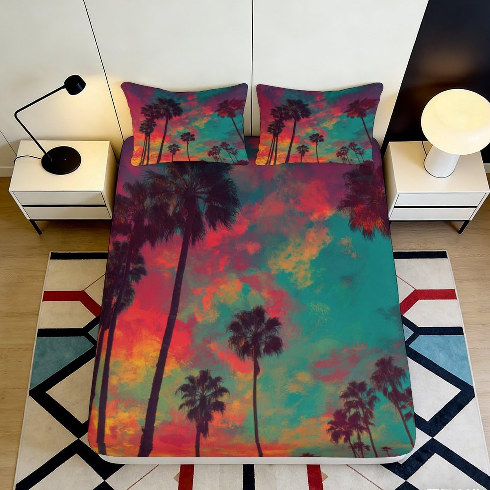 3D Printed Sunset Palm Trees Fitted Sheet Microfiber Soft Breathable Tropical Sky Bed Cover for Bedroom Dormitory Guest Room Mattress Protection 120x200x25cm